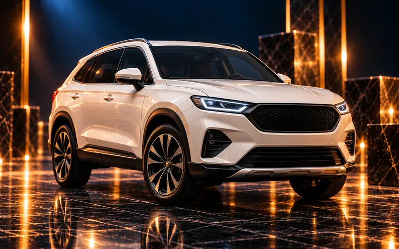 Ô tô SUV màu trắng trên nền sân khấu tối